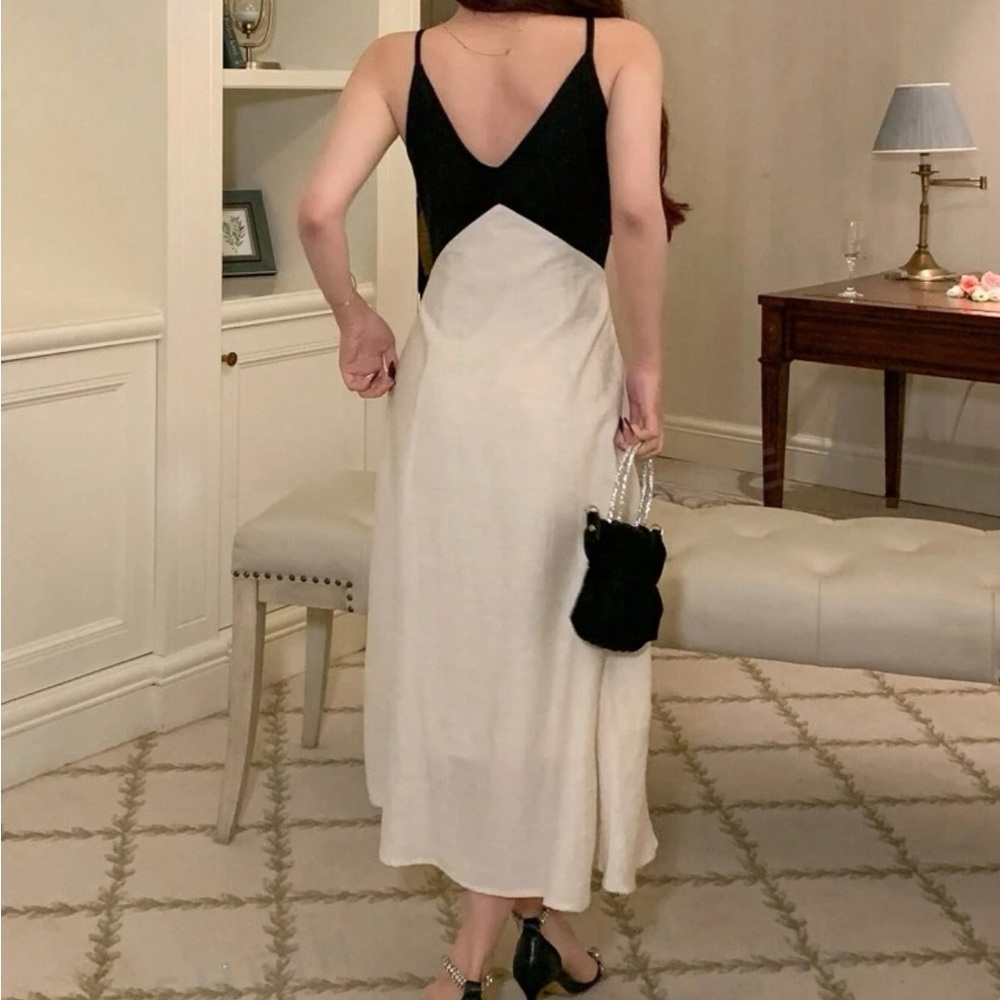 Cream & black Colorblock linen feel skirt Twisted Strap Midi Dress - Picture 4 of 5